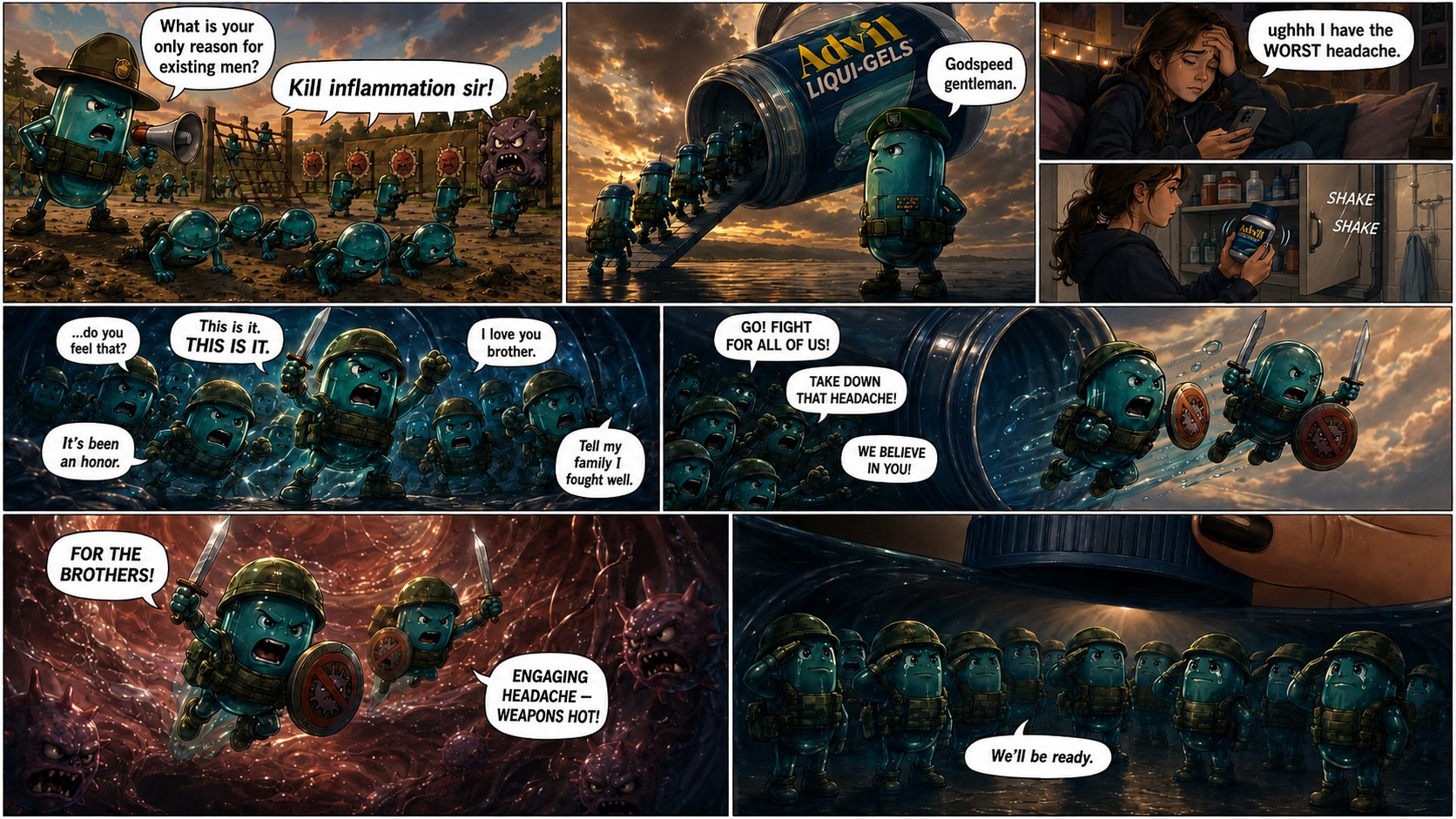Liquid-gel Advil capsules depicted as soldiers deploying into the body to fight a headache.