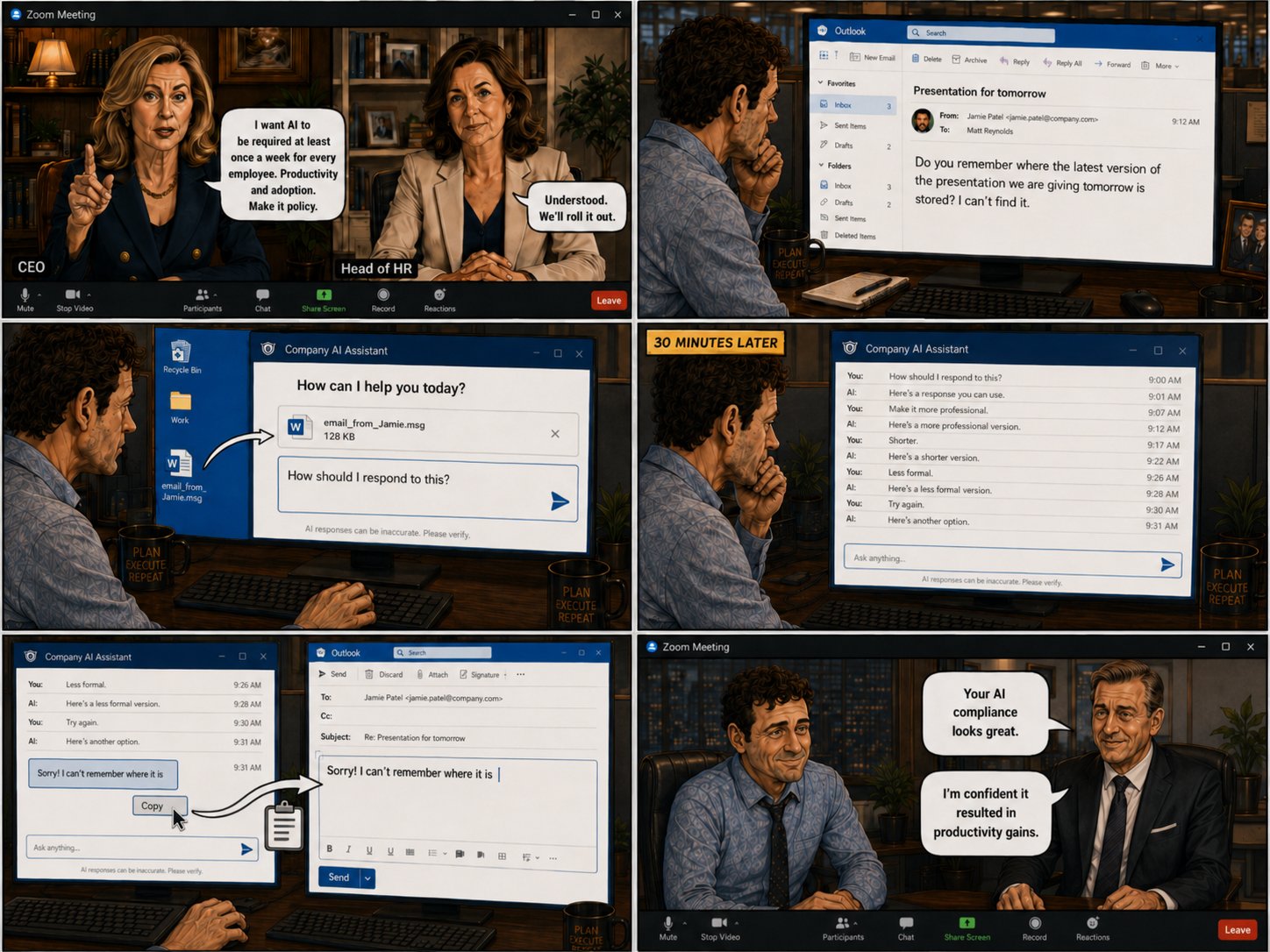 A CEO mandates every employee use AI weekly; a man spends thirty minutes getting the AI assistant to write a one-sentence reply.