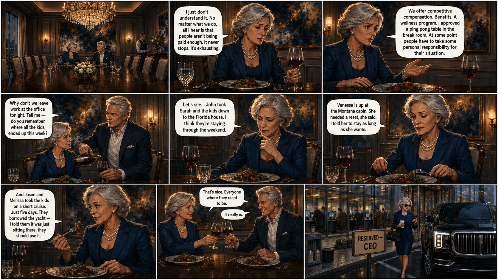 A CEO at an expensive dinner complains she cannot understand why employees say they are underpaid, while her children vacation at the beach house, the Montana cabin, and on the yacht.