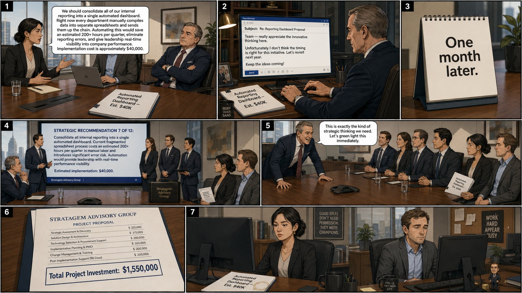 An employee proposes a $40K dashboard and is rejected; a month later a consulting firm pitches the identical idea for $1.55 million and is approved.