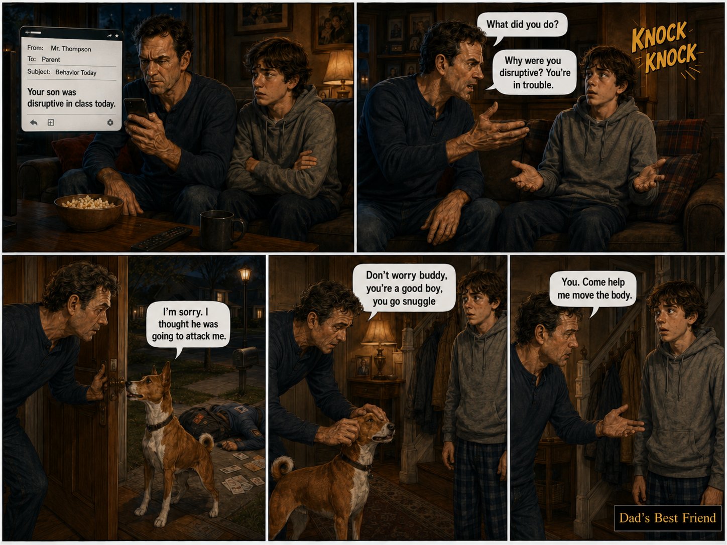 A dad lectures his son about a behavior email; a knock at the door reveals the dog has dealt with an intruder, and dad calmly recruits the son to help.