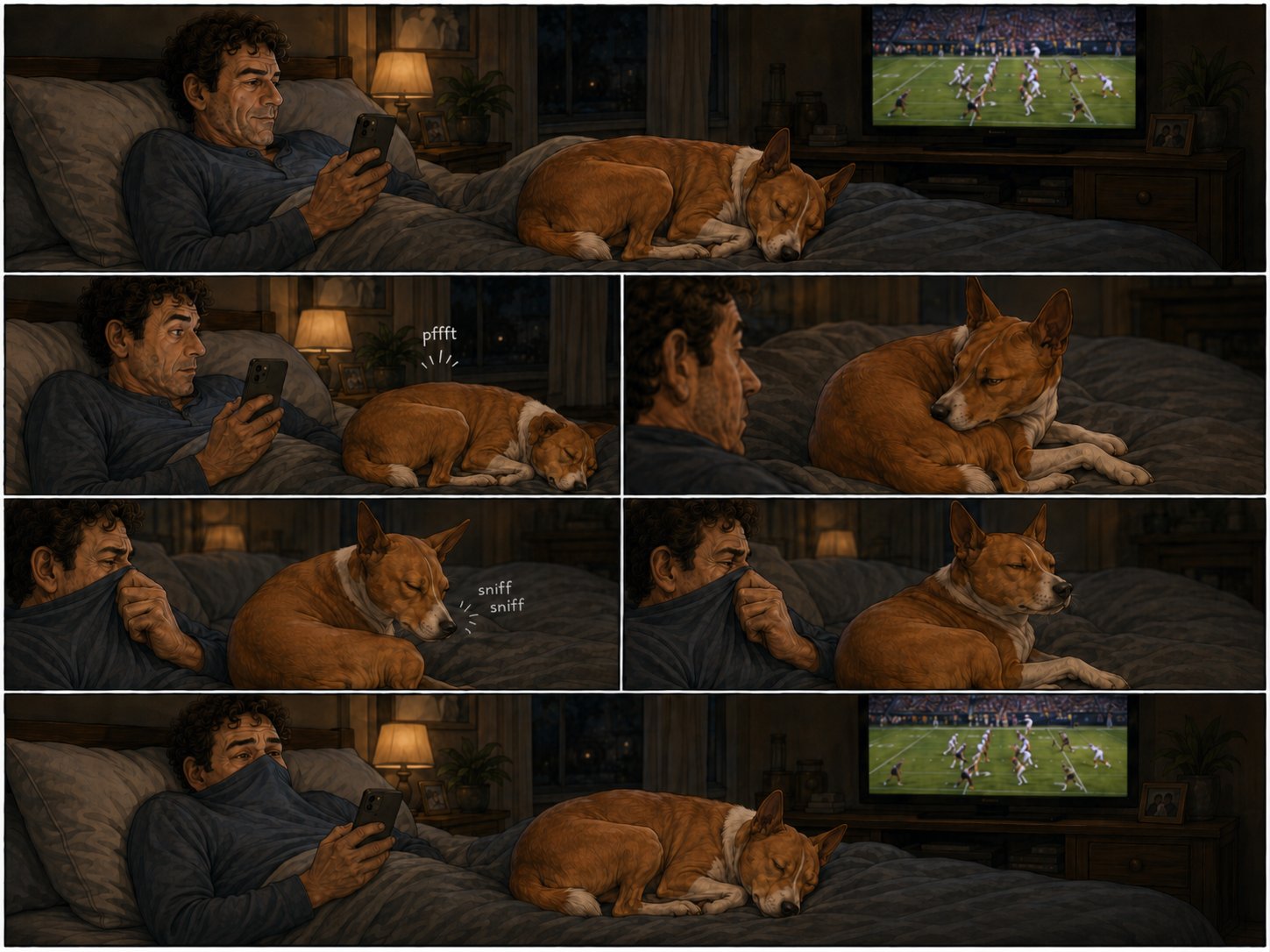 A man relaxing in bed with his sleeping dog and football on TV catches a smell, sniffs, and pulls his shirt over his nose while the dog stays asleep.