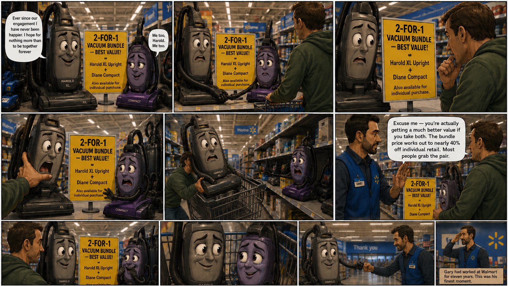 Two vacuum cleaners with faces, Harold and Diane, in love at a Walmart, sold as a 2-for-1 bundle.