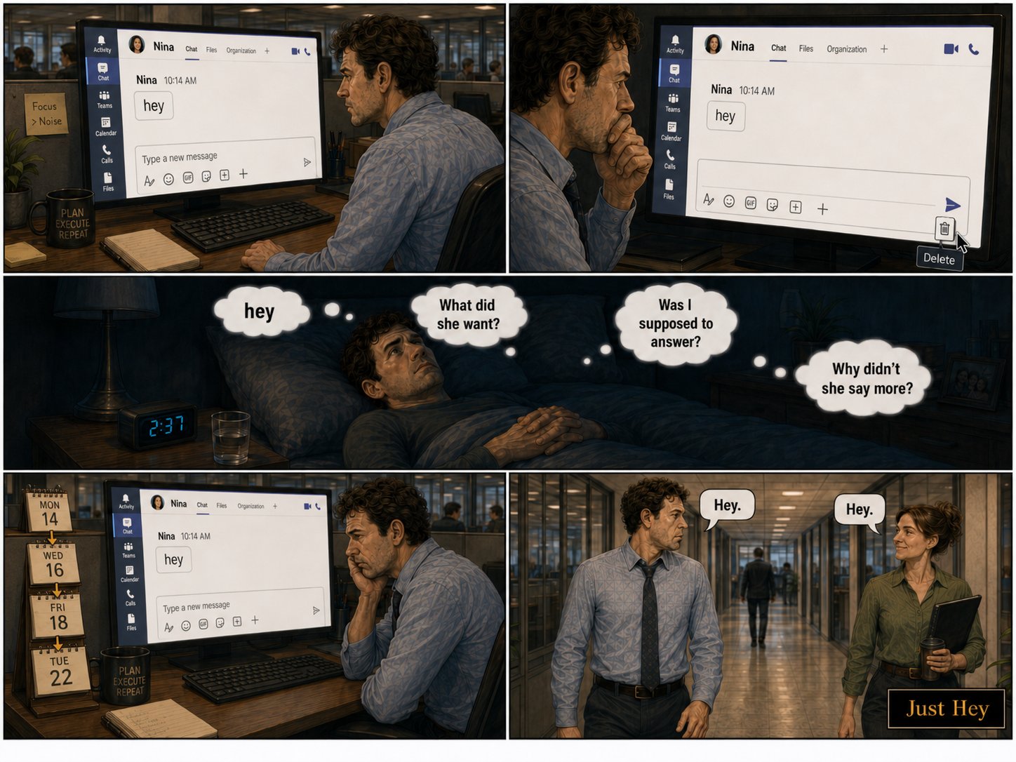 A coworker sends a single message that says only hey; the man lies awake at 2:37 AM overthinking it for days until they pass in the hallway.