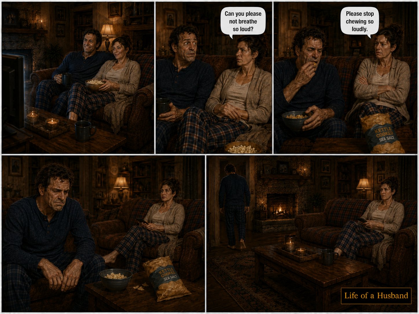 A husband enjoying movie night and popcorn is asked to stop chewing so loudly, and eventually leaves the room.