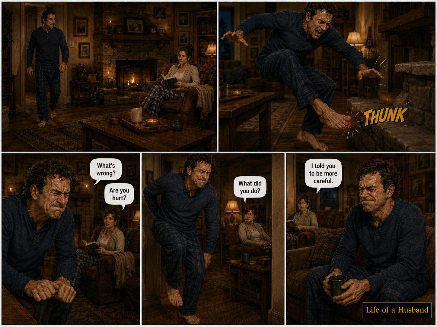 A husband walks across the room, slams his bare foot into the stone fireplace with a THUNK, and his wife responds that she told him to be more careful.