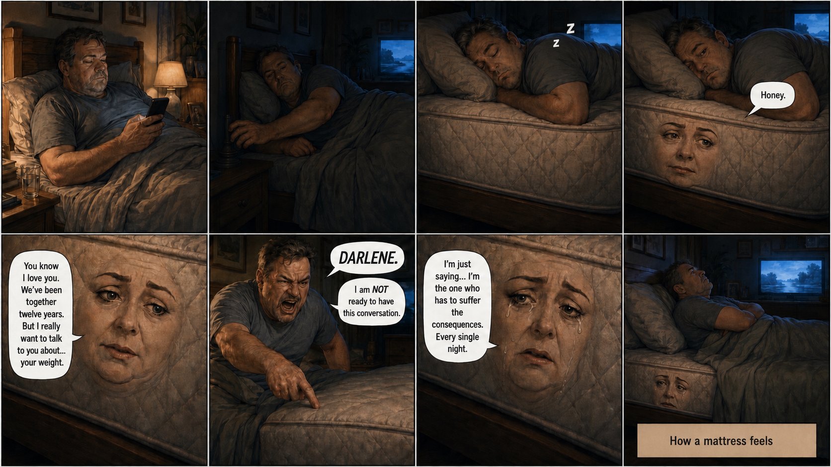 At 3 AM a mattress named Darlene gently tries to talk to the sleeping man about his weight; he is not ready to have this conversation.