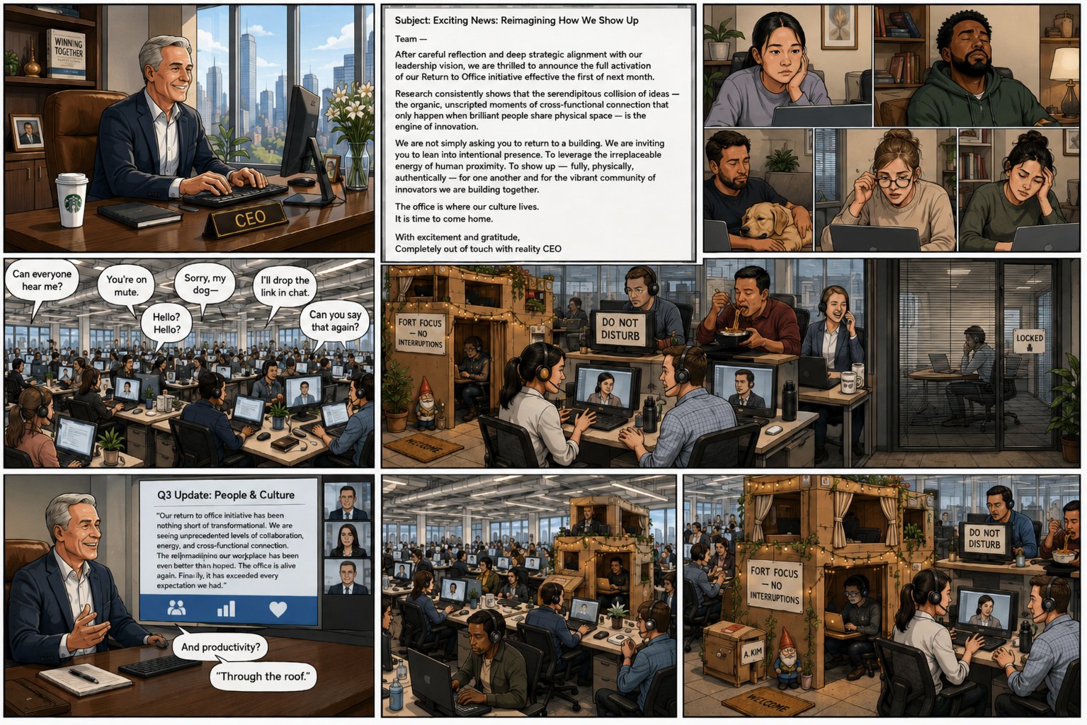 A CEO announces a return-to-office mandate citing serendipitous collisions of ideas; employees build a cardboard fort and Zoom each other from six feet away.