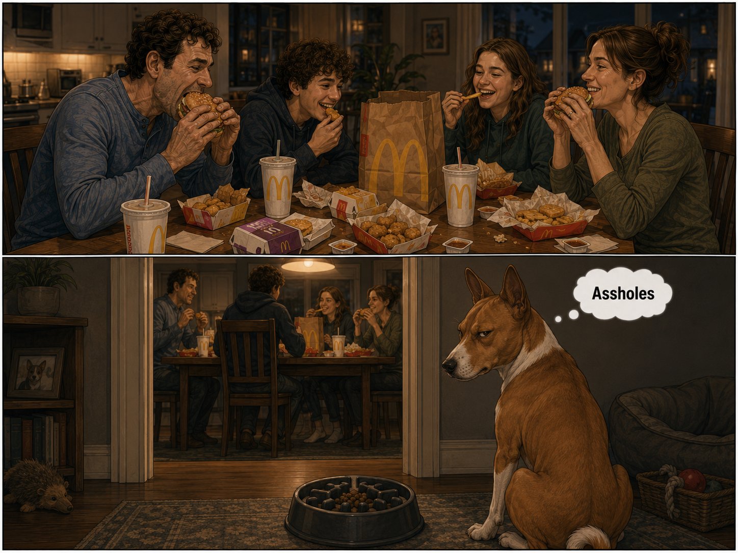 A family happily eats McDonald's at the table while the dog watches from his slow-feeder bowl, thinking a single bitter word.