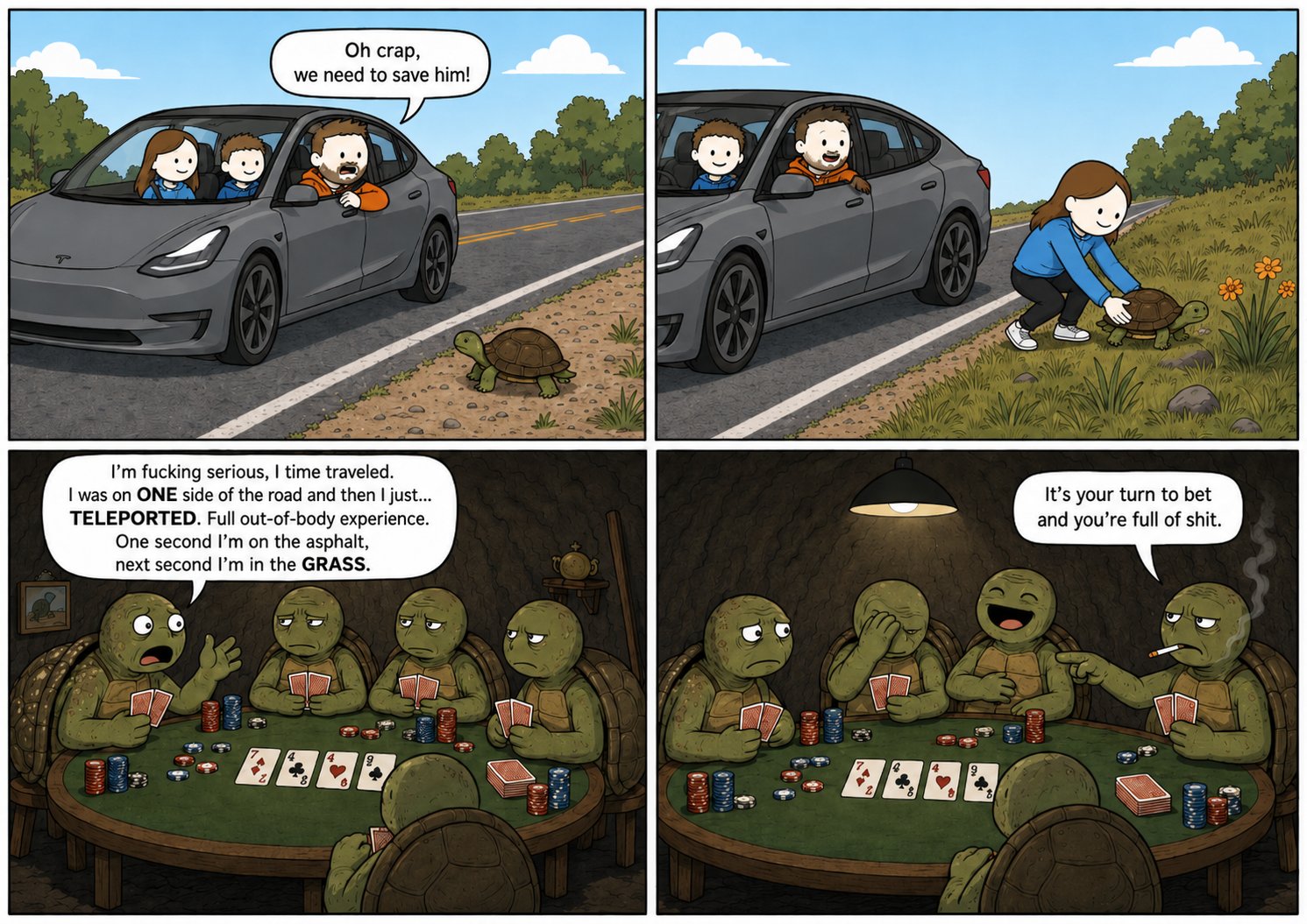 A family pulls over to move a turtle off the road; that night the turtle tells his poker buddies he time-traveled, and they call him a liar.
